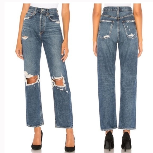 Agolde Denim - Agolde Womens 90s High Rise Loose Fit Distressed Blue Jeans Psyche Wash Size 27